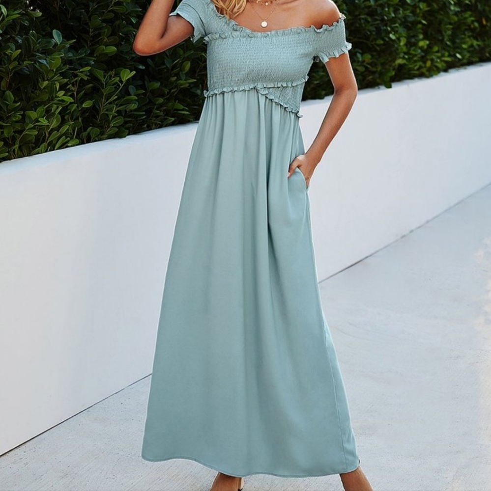 Mint Green Ruffle Off The Shoulder Maxi Dress - Picture 5 of 5